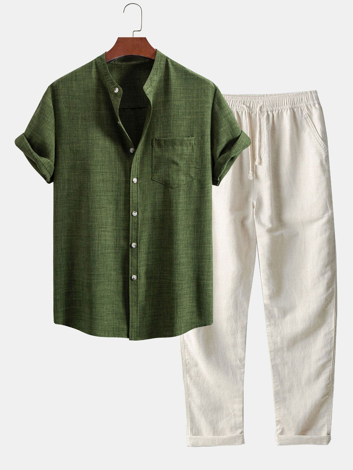 Short Sleeve Stand Collar Shirt & Straight Leg Linen Pants