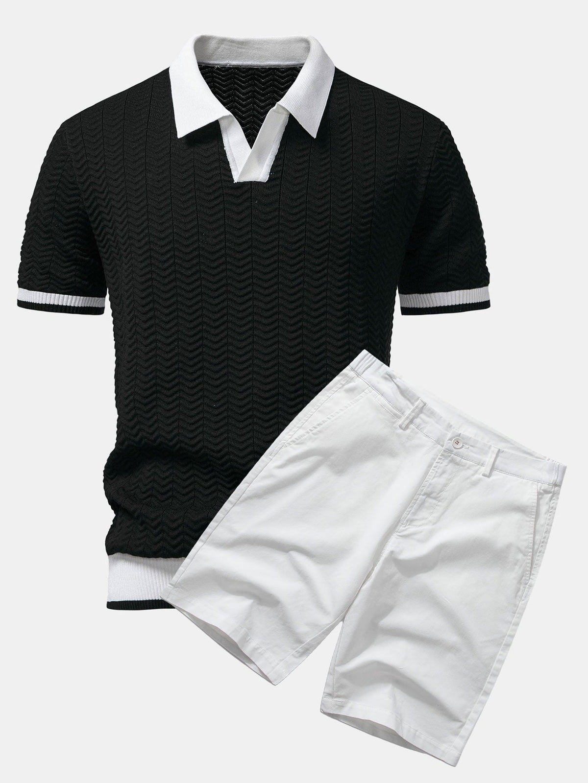 Texture Contrast Knitted V Neck Polo Shirt & Cotton Chino Shorts