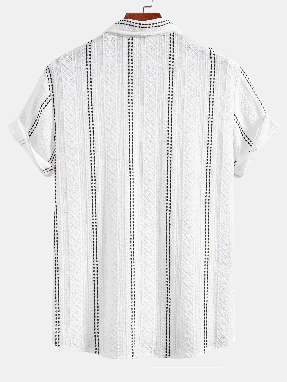 Geometric Striped Jacquard Button Up Shirt & Crinkled Textured Drawstring Shorts