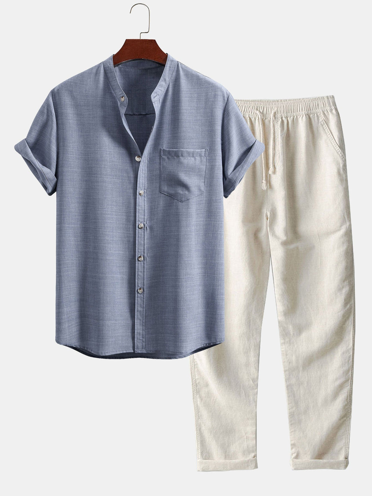 Short Sleeve Stand Collar Shirt & Straight Leg Linen Pants