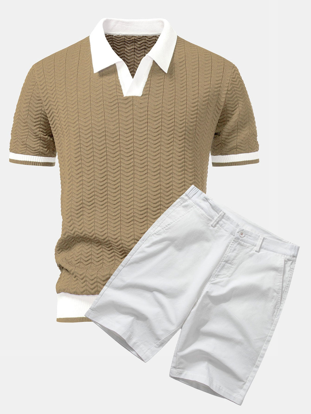 Texture Contrast Knitted V Neck Polo Shirt & Cotton Chino Shorts