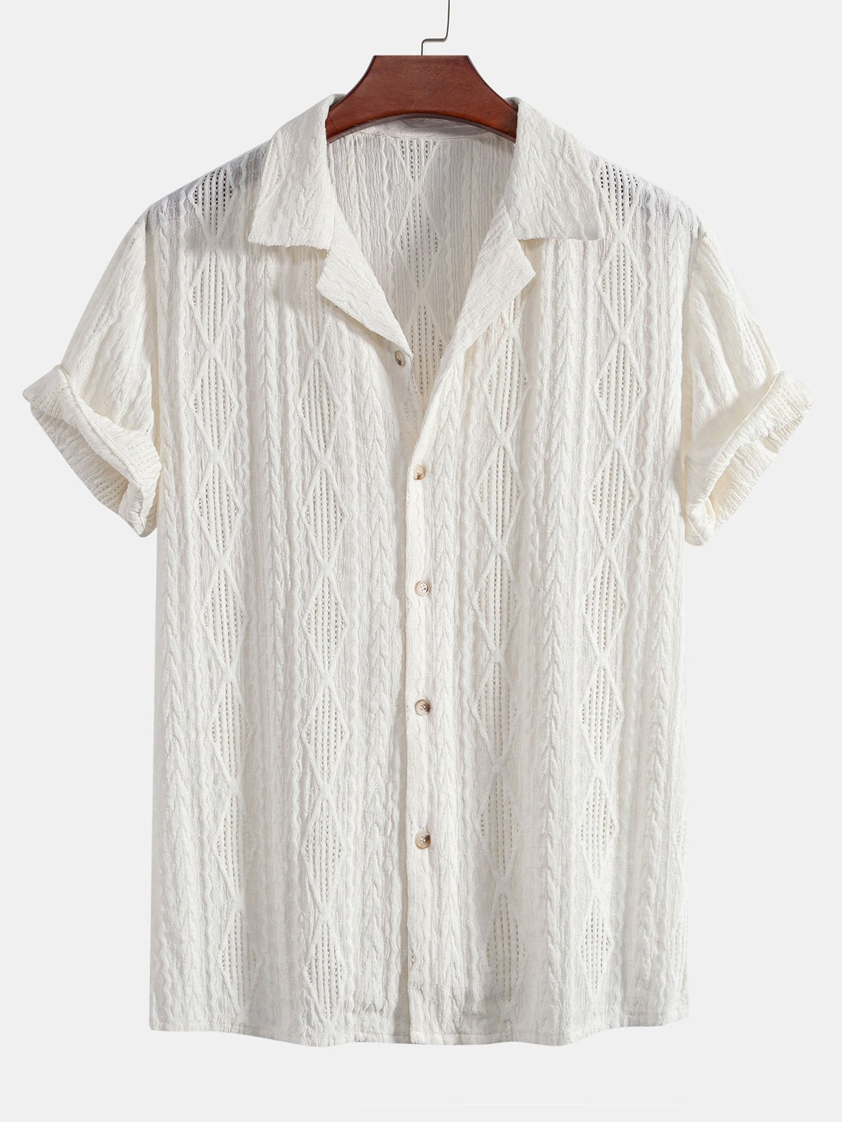 Geometric Jacquard Eyelet Cuban Shirt & Crinkle Textured Straight Leg Pants